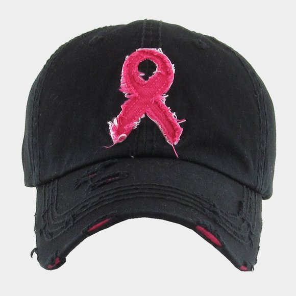 Pink Ribbon Unisex Vintage Distressed Denim Adjustable Baseball Cap - Picture 3 of 5